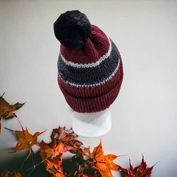 Burgundy & Grey Striped Woolly Hat - Image 2