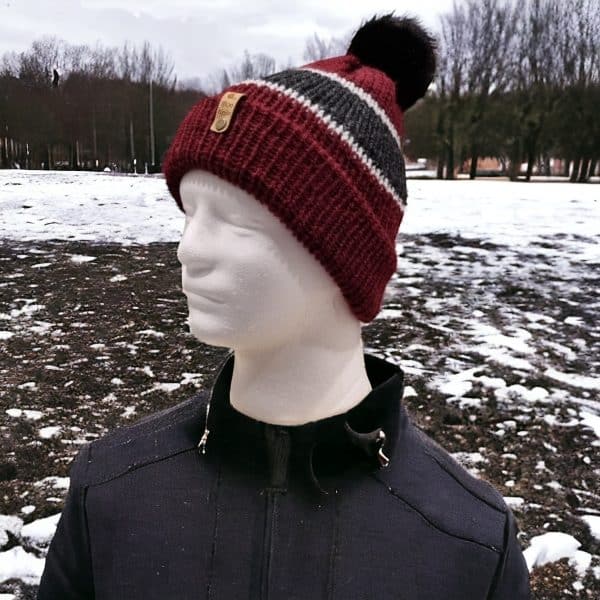 Burgundy & Grey Striped Woolly Hat