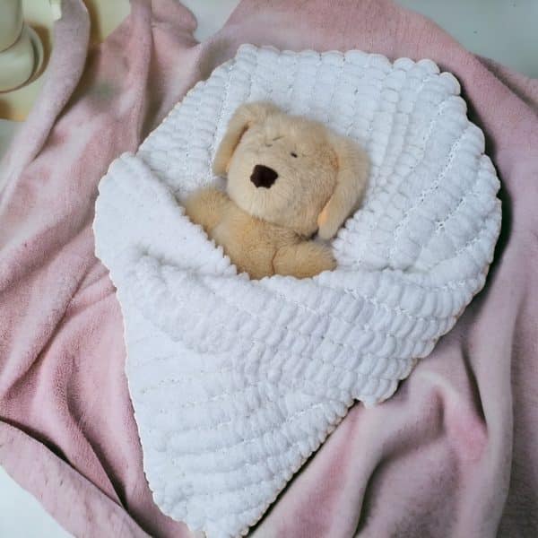 Super Comfy Hand Knitted Baby Pompom Blanket 3 Colours - Pink, Blue or White - Image 7