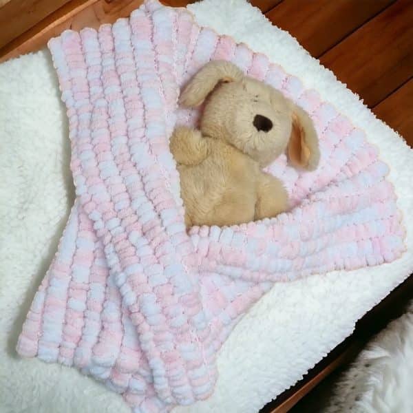 Super Comfy Hand Knitted Baby Pompom Blanket 3 Colours - Pink, Blue or White