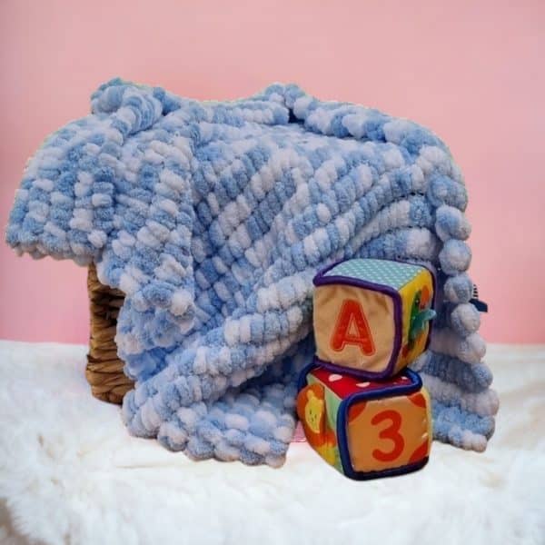 Super Comfy Hand Knitted Baby Pompom Blanket 3 Colours - Pink, Blue or White - Image 6