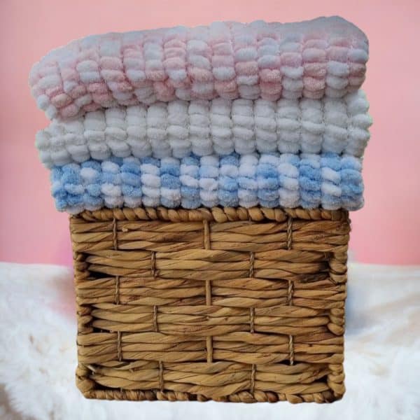 Super Comfy Hand Knitted Baby Pompom Blanket 3 Colours - Pink, Blue or White - Image 10