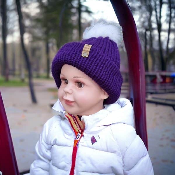 Super Soft Plain Handmade Pompom Hat - Pale Pink, Deep Purple & Aran Blue - Image 7