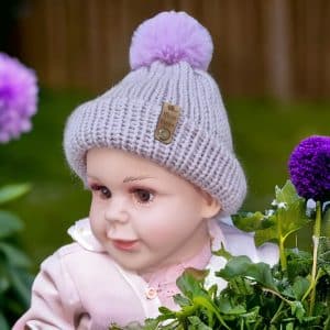 Super Soft Plain Handmade Pompom Hat - Pale Pink, Deep Purple & Aran Blue