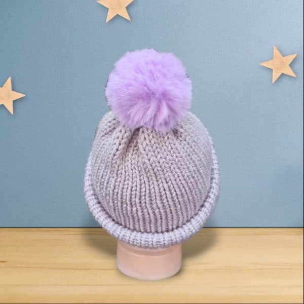 Super Soft Plain Handmade Pompom Hat - Pale Pink, Deep Purple & Aran Blue - Image 2