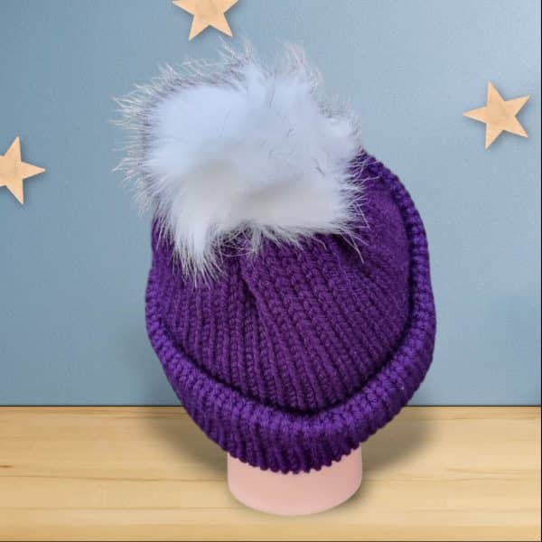 Super Soft Plain Handmade Pompom Hat - Pale Pink, Deep Purple & Aran Blue - Image 8