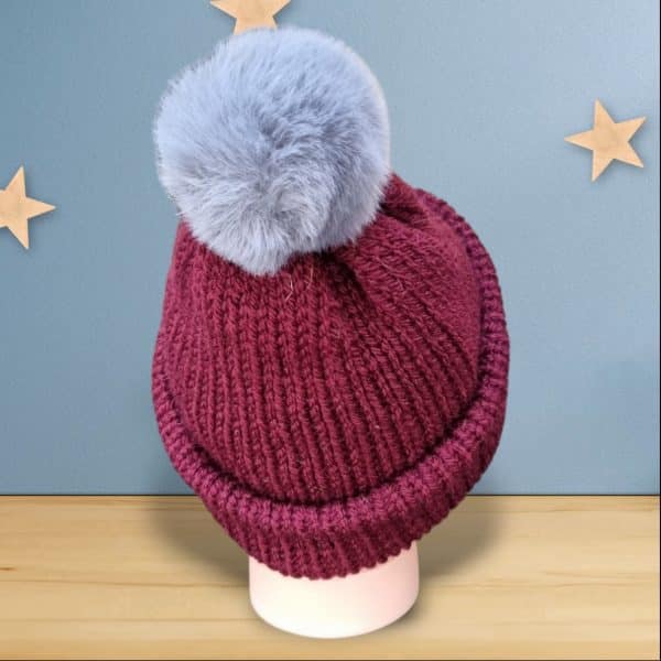 Super Soft Warm Handmade Pompom Wool Hat Burgundy - Image 2