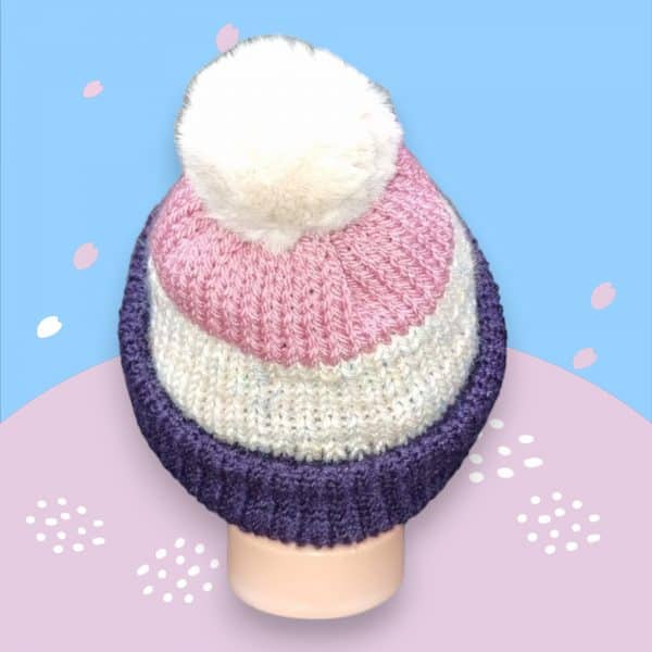 Adorable Warm Wool Purple, Cream & Pink Soft Pompom Hat - Image 2