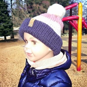 Adorable Warm Wool Purple, Cream & Pink Soft Pompom Hat