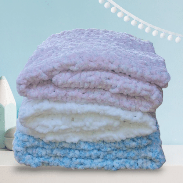 Hand Knitted Chenille Feel Baby Comfy Square in 3 Colours – Pink, Blue or White - Image 5