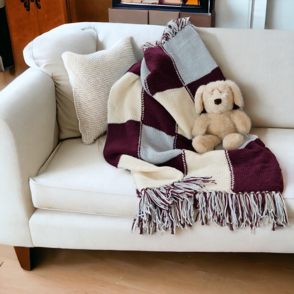 Luxuriously Soft Cashmere Feel Patchwork Multi-Use Blanket in 2 Colours - Blue & Burgundy - Image 2