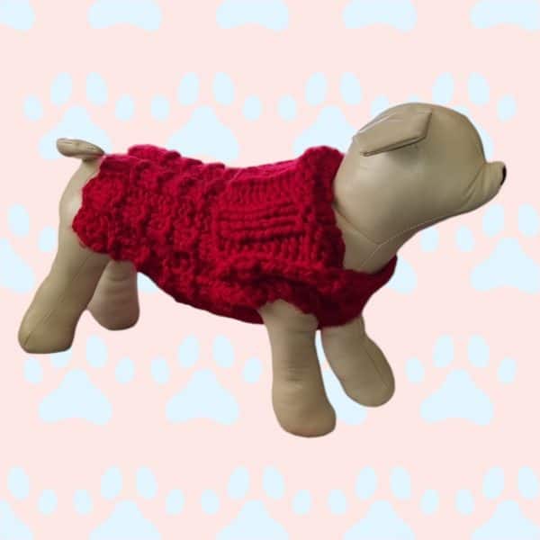 Chunky Warm Square Patterned Hand knitted Dog Jumper - 3 Colours Rich Red, Pale Pink & Dark Blue - Image 4