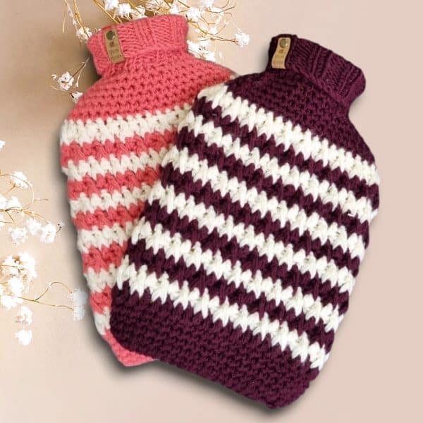 2 Stripped Hand Crocheted Hot Water Bottle Cover